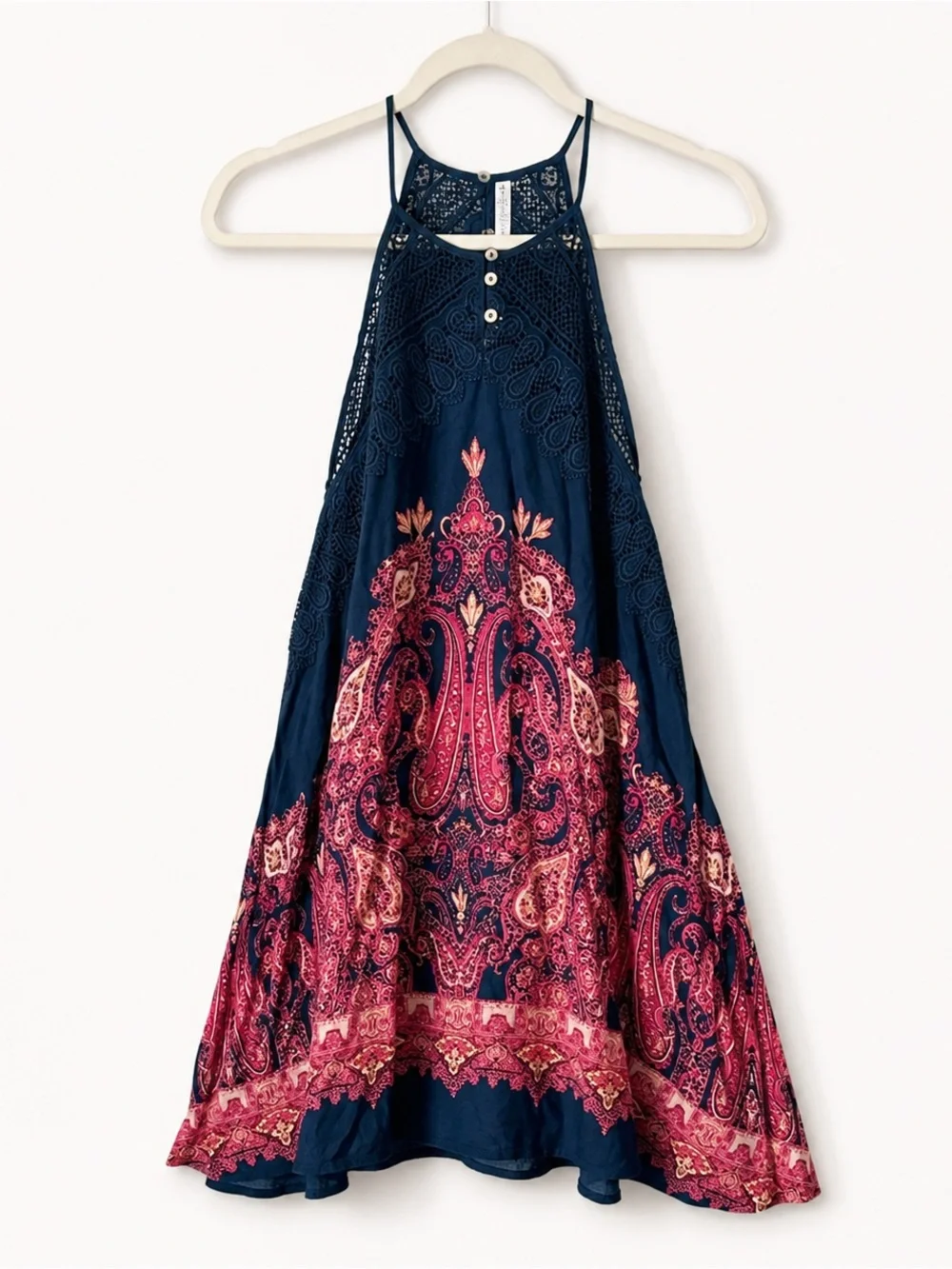 Free People Shea Halter Mini Dress Paisley Crochet Lace Navy Red‎ S Petite Boho - Picture 5 of 9